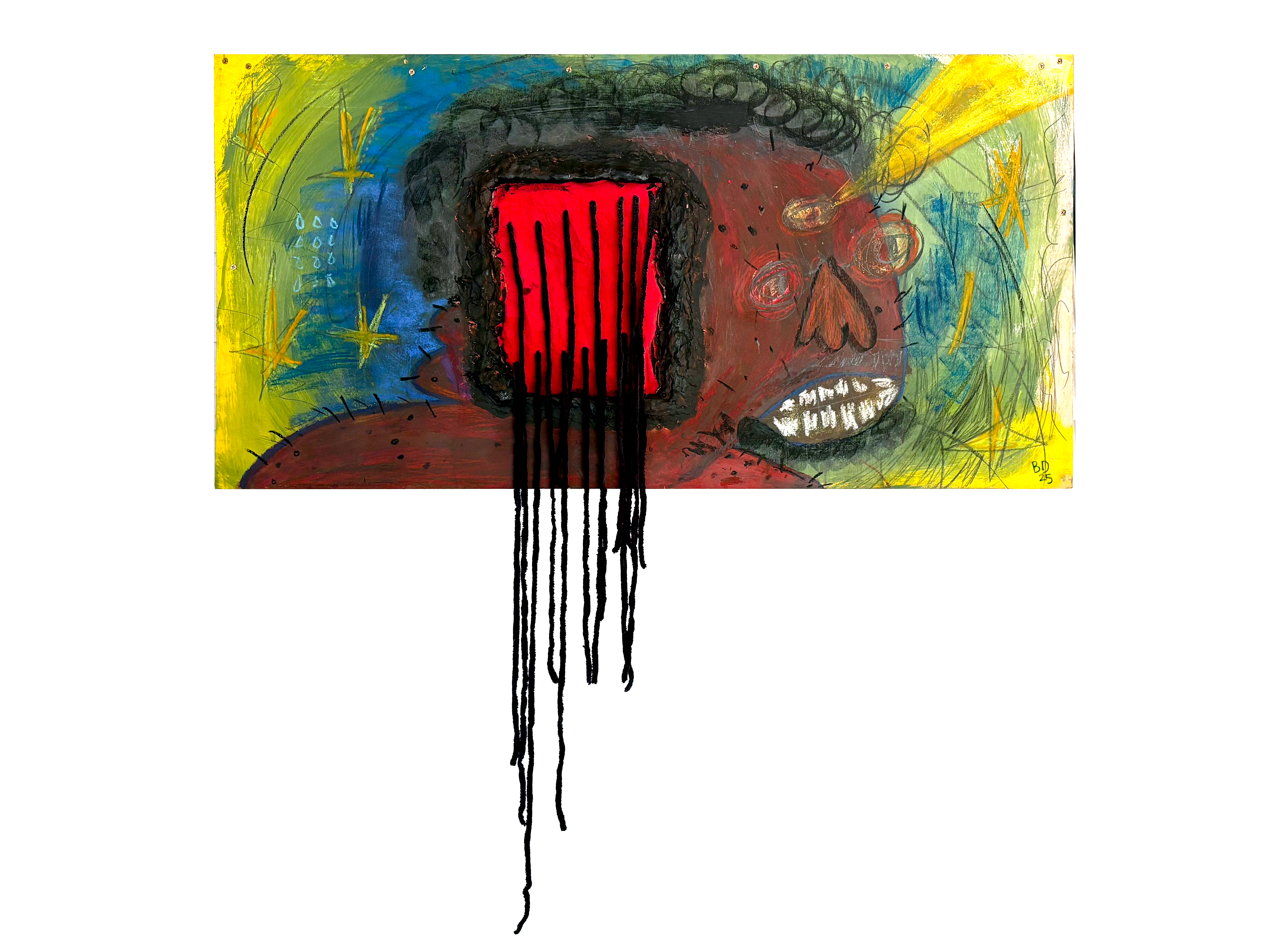 Downloads / Wireless Connection canvas, clay, photo transfer, and mixed media painting on wood board, 2025