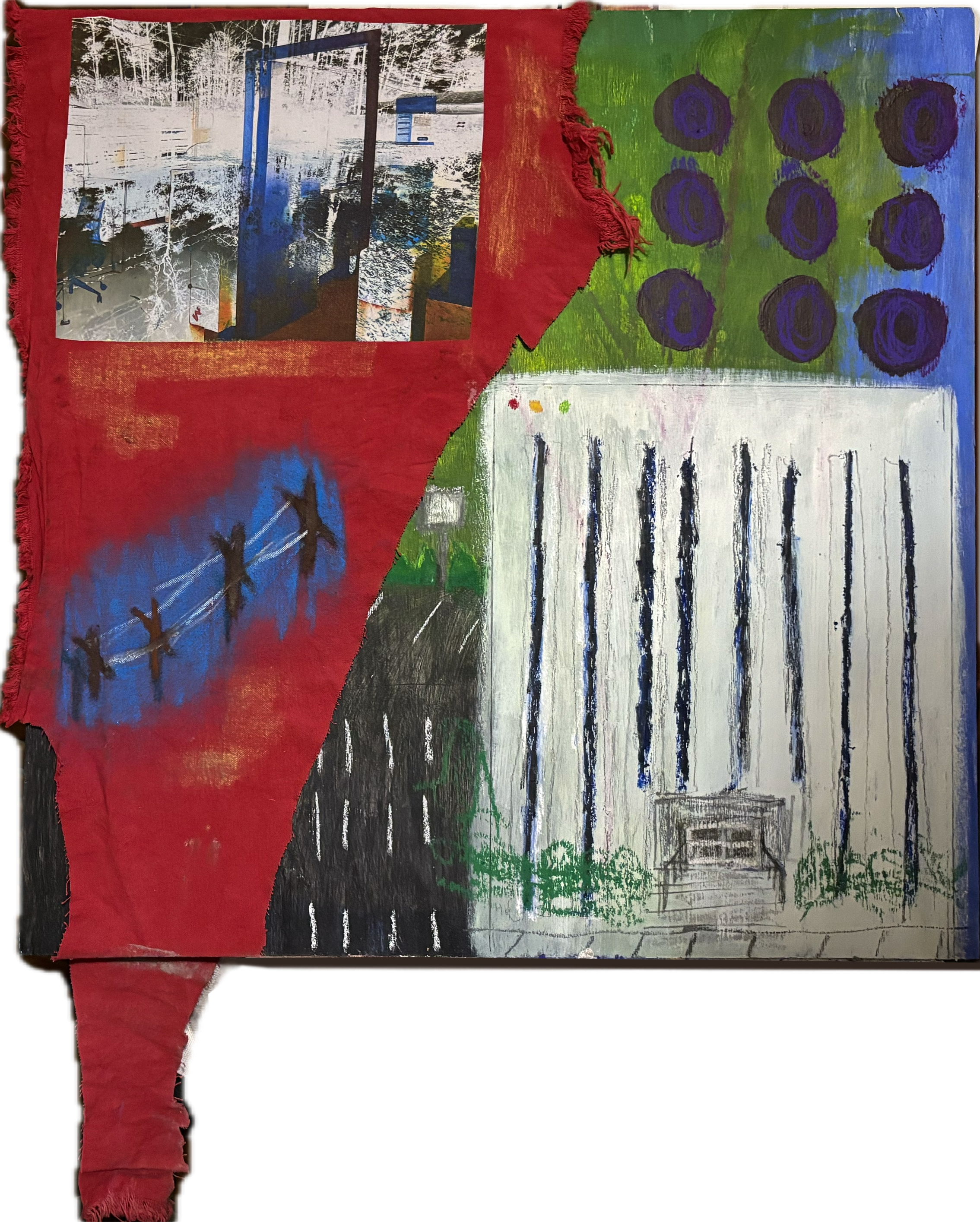 Office Culture cloth, photo transfer, and mixed media painting on wood board, 2025